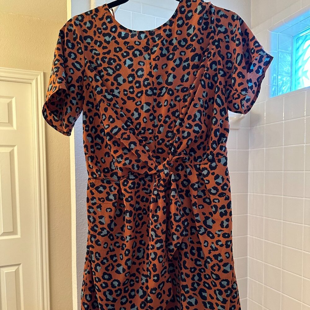 Sandy & Sid Brown Mini Dress with Teal Leopard Print - Size Small